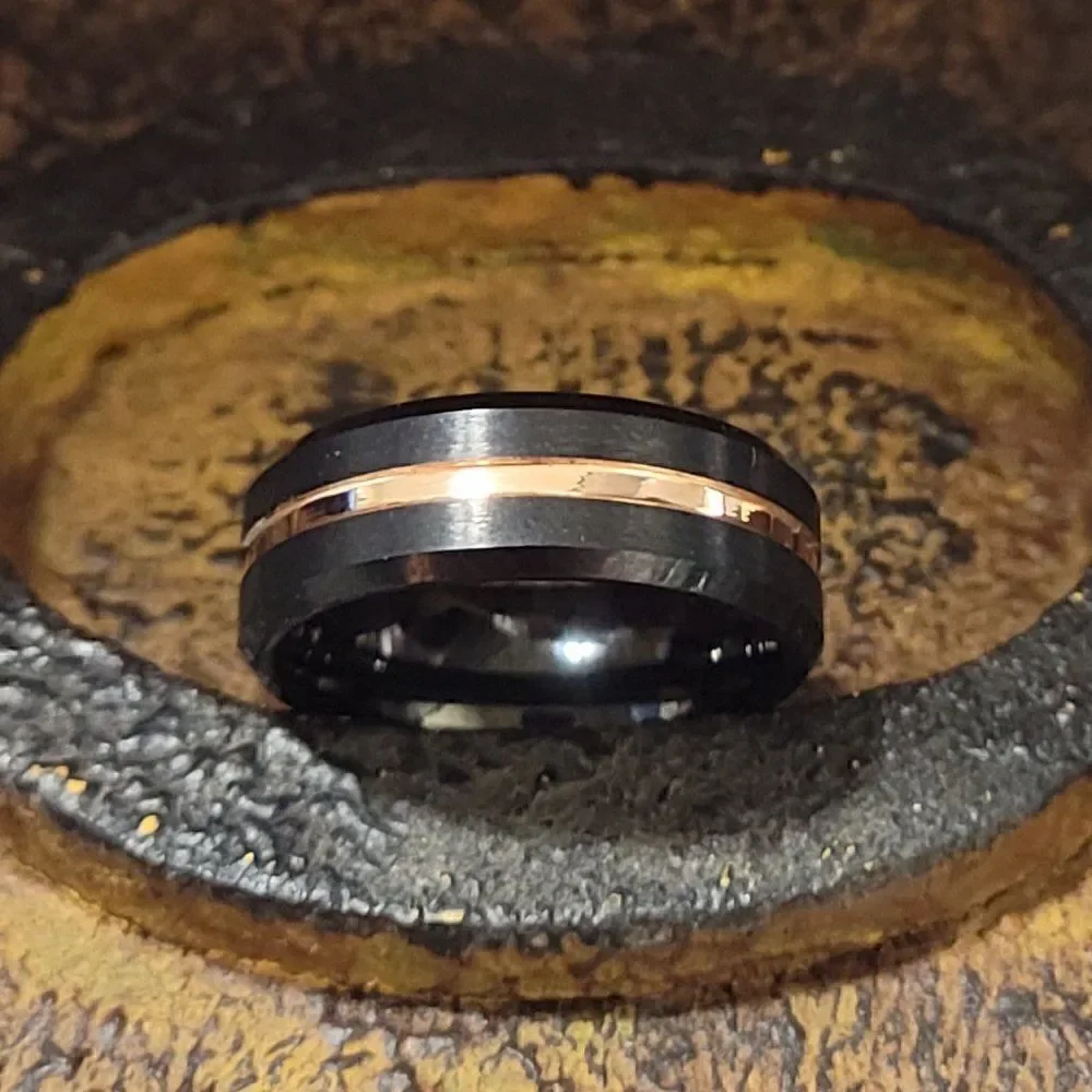 Engraved Men's Real Black Tungsten Wedding Ring With Gold Line Center Groove